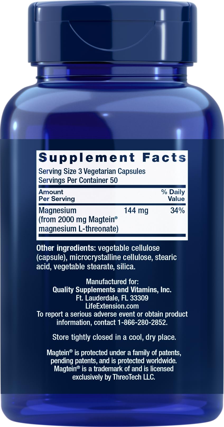 Life Extension Neuro-Mag 150 bottle back label with two-pack value details.