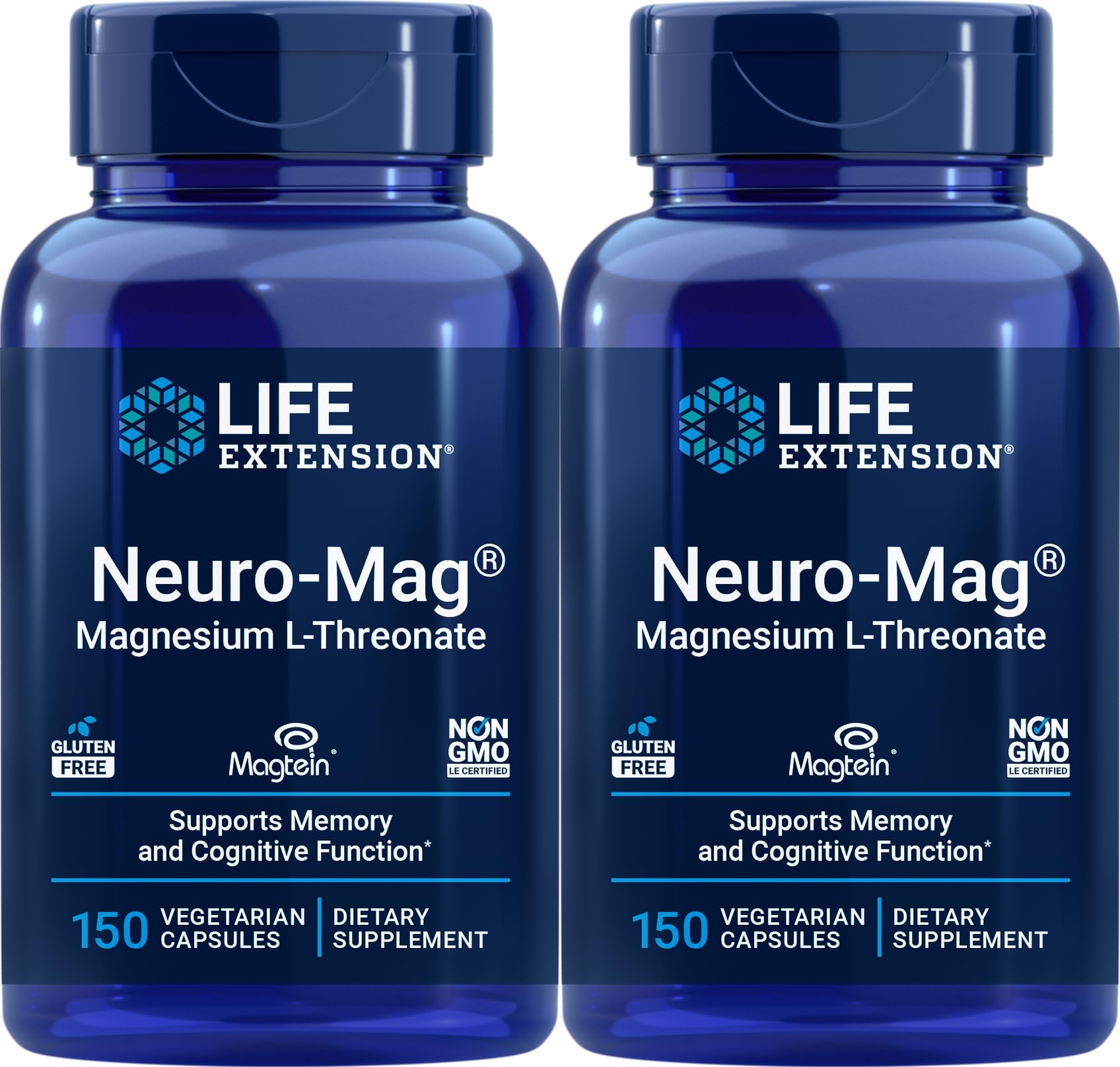 Life Extension Neuro-Mag 150 bottle front featuring Magtein magnesium for absorption.
