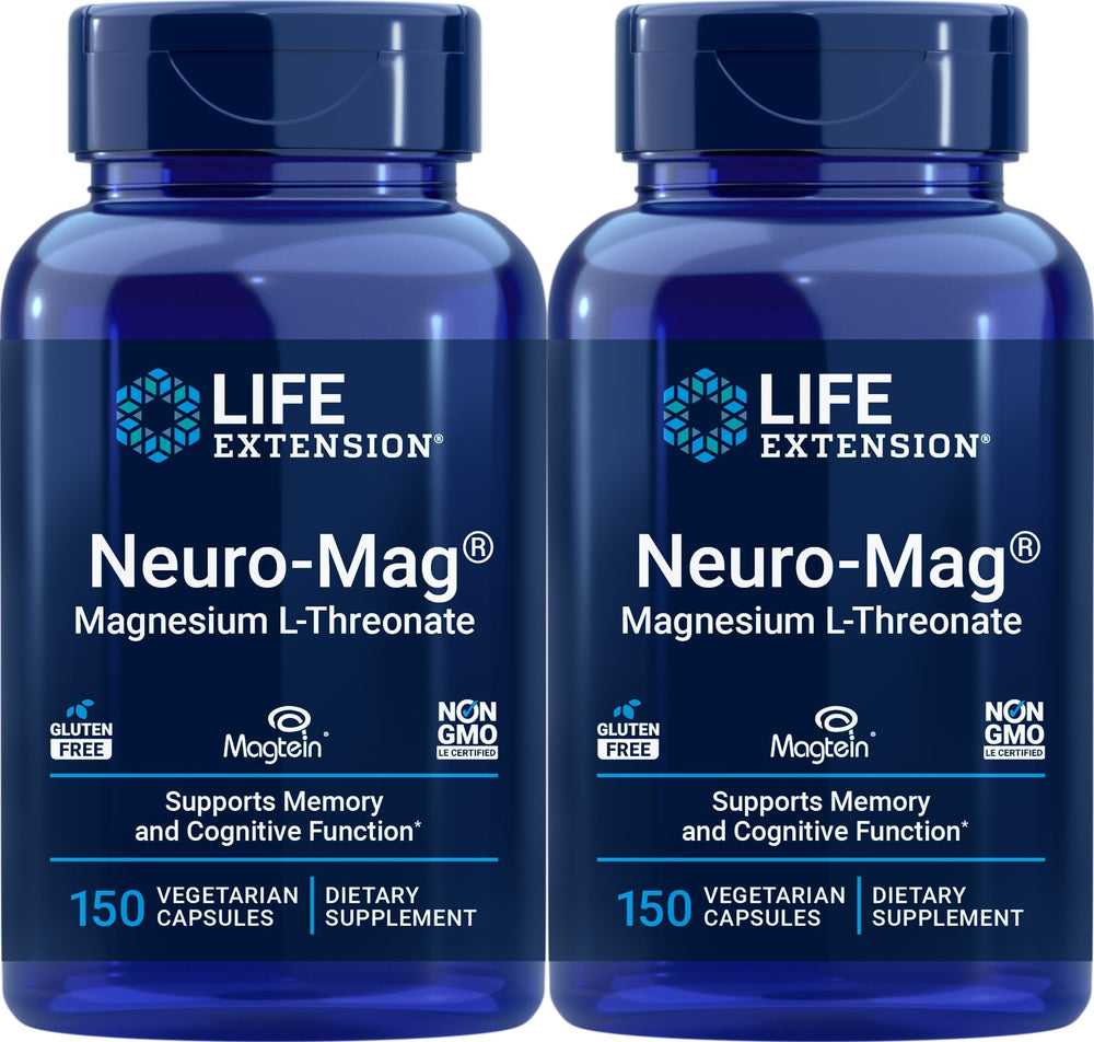 Life Extension Neuro-Mag 150 bottle front featuring Magtein magnesium for absorption.