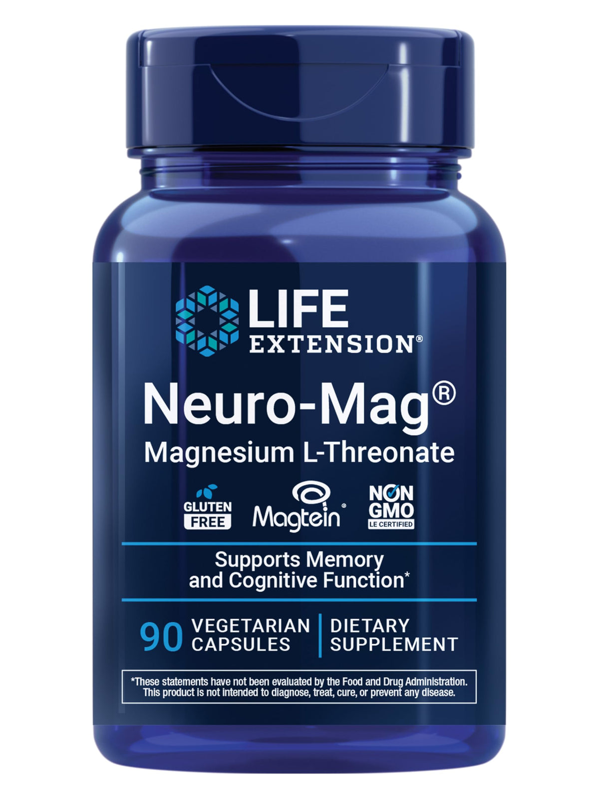 Life Extension Neuro-Mag bottle label highlights magnesium L-threonate for cognitive support