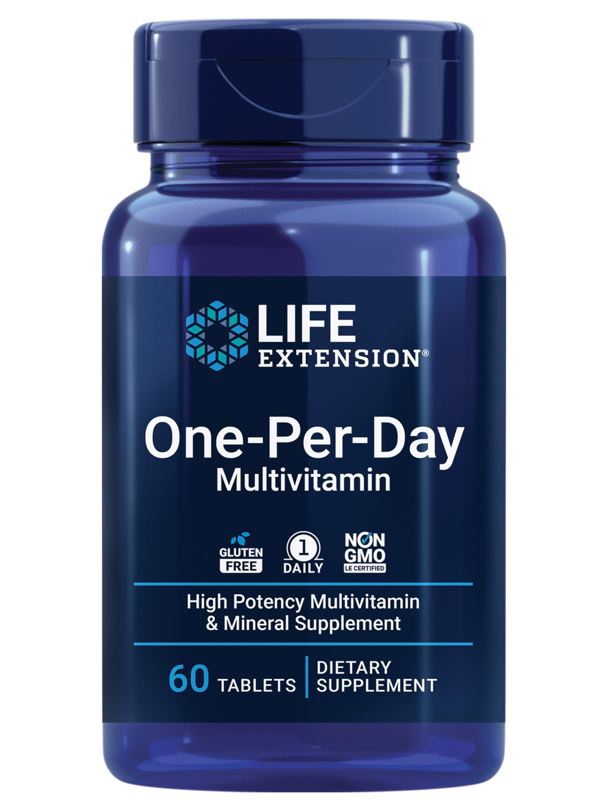 Life Extension One-Per-Day bottle with 60 tablets for daily immune and energy support.