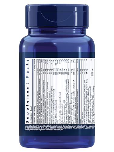 Close-up of Life Extension One-Per-Day tablets highlighting nutrients for eye, bone, and heart health.