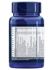 Close-up of Life Extension One-Per-Day tablets highlighting nutrients for eye, bone, and heart health.