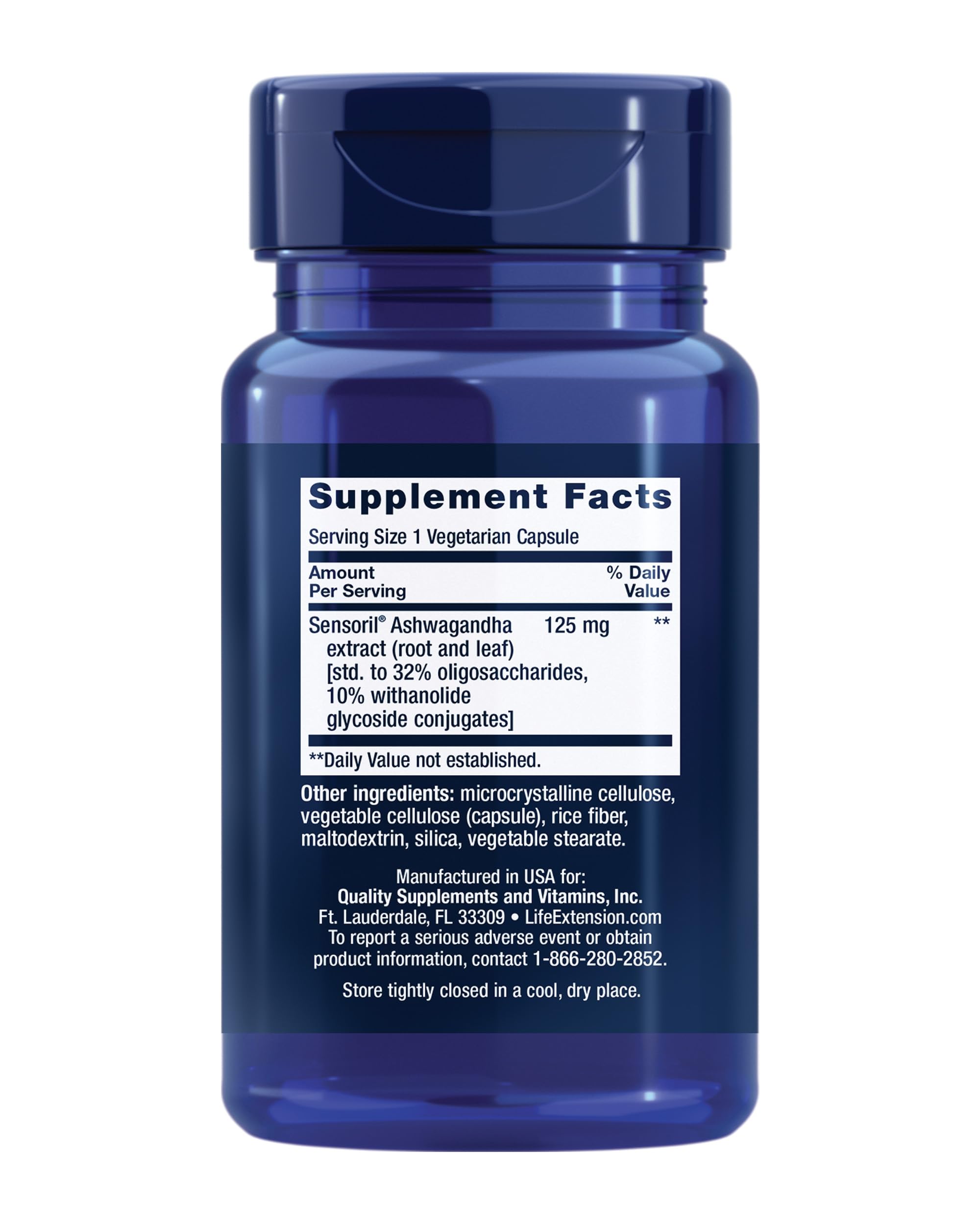 Life Extension Optimized Ashwagandha capsules closeup for daily focus.
