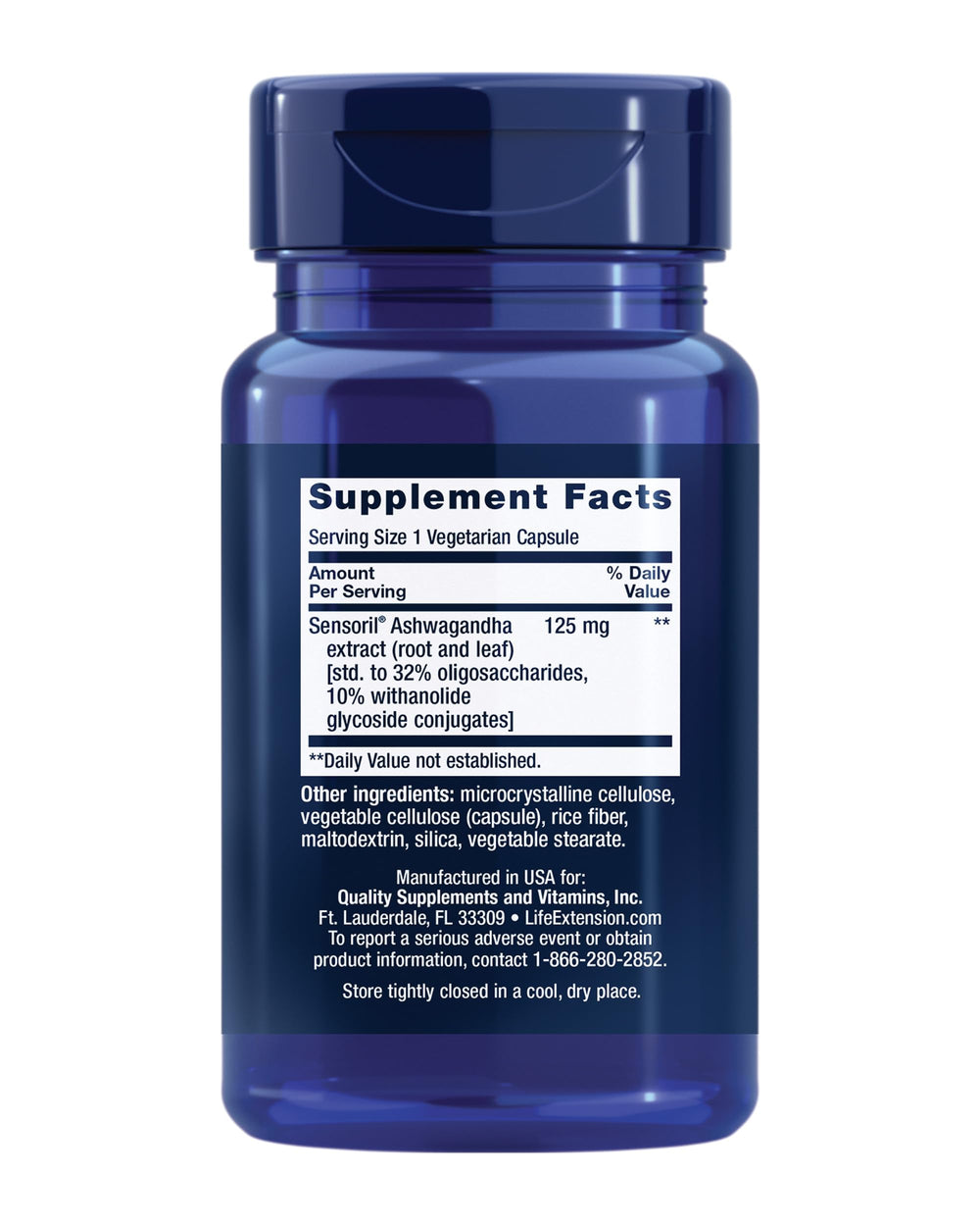 Life Extension Optimized Ashwagandha capsules closeup for daily focus.