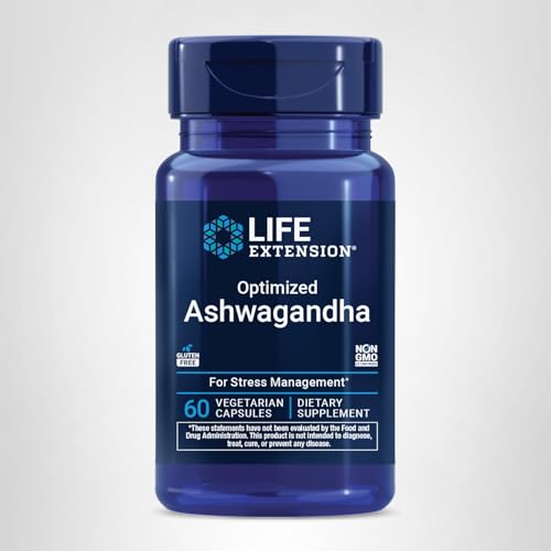 Life Extension Optimized Ashwagandha desk scene with bottle and capsules.