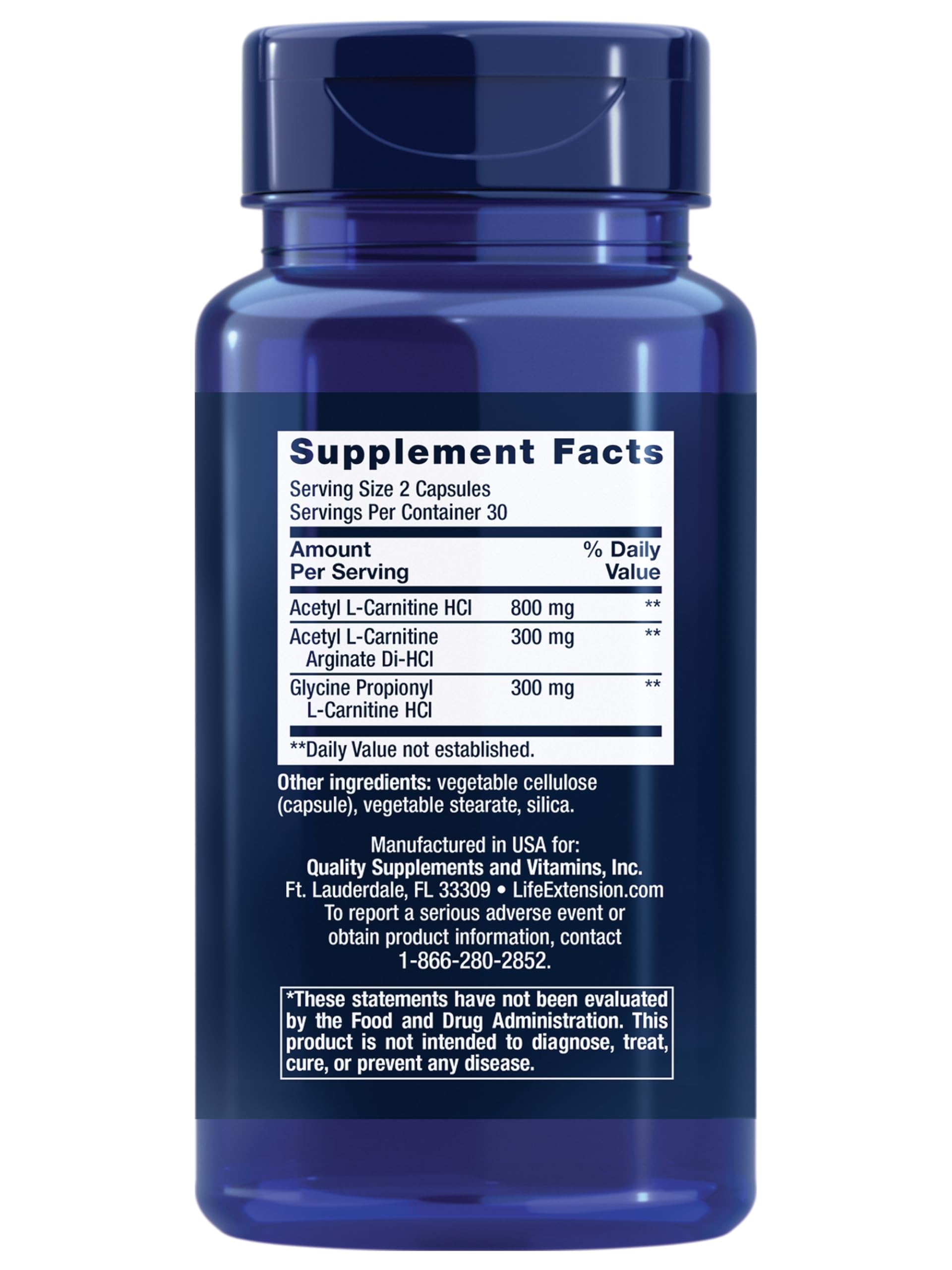 Life Extension Optimized Carnitine capsules closeup highlights compact, easy-to-swallow servings.