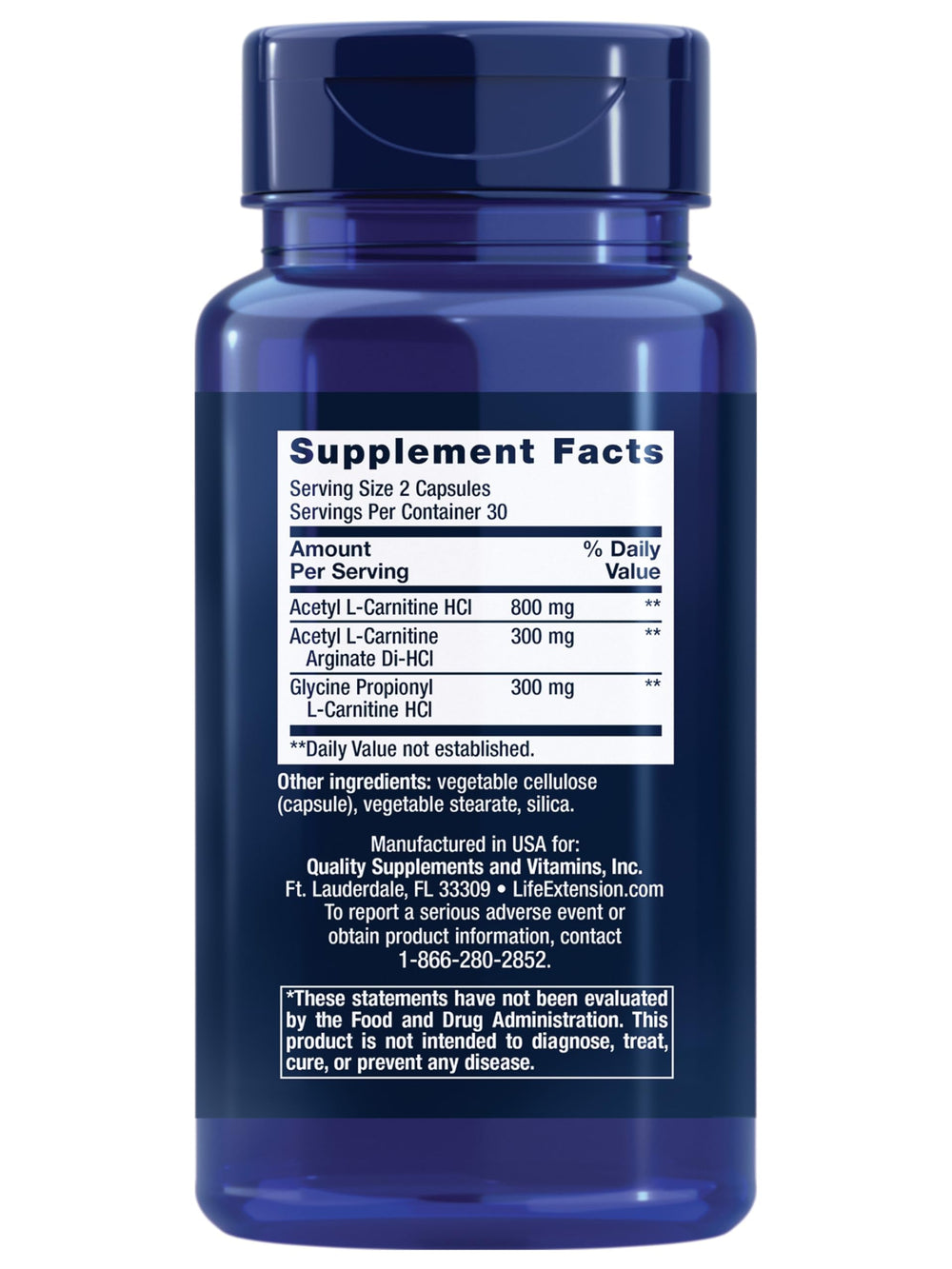 Life Extension Optimized Carnitine capsules closeup highlights compact, easy-to-swallow servings.