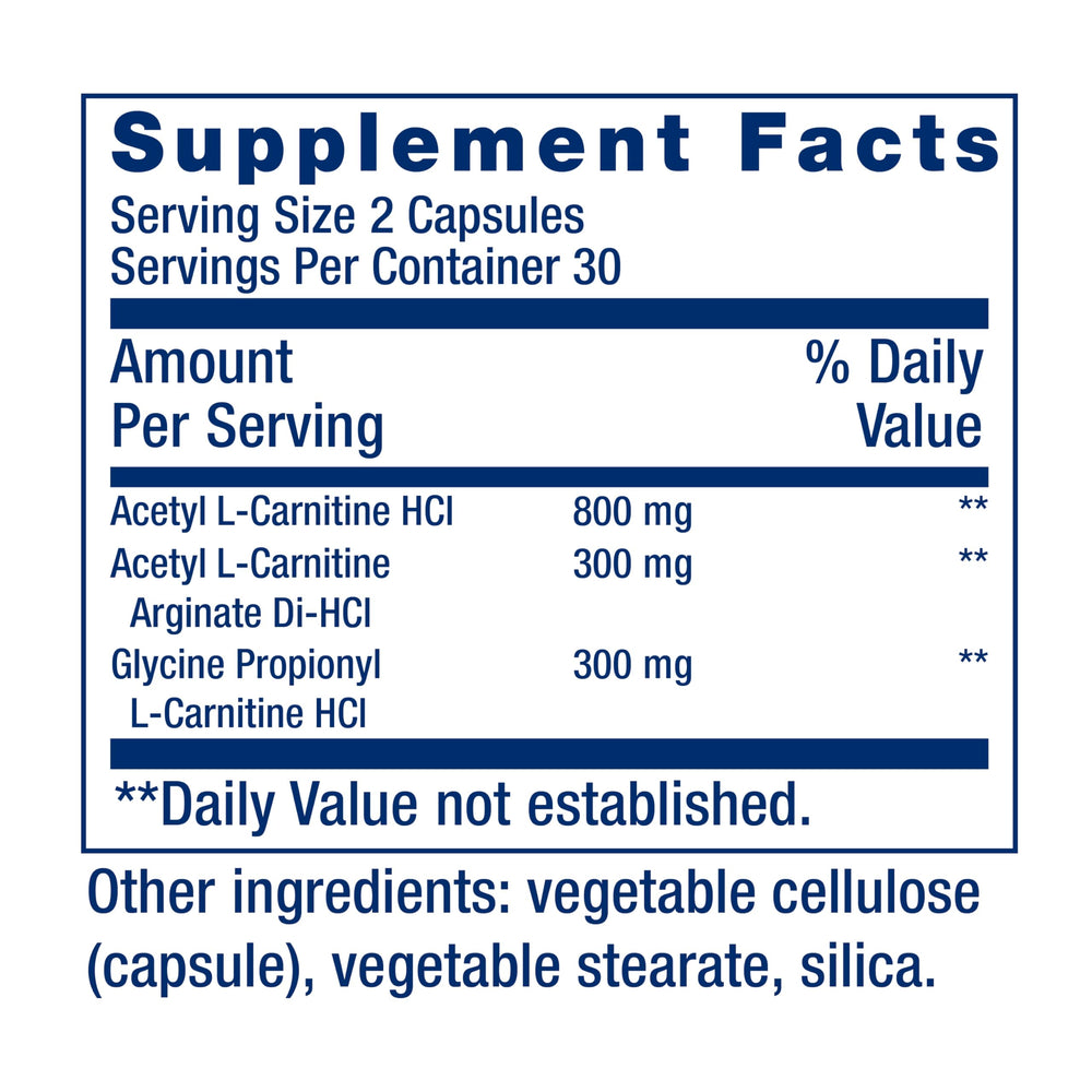 Life Extension Optimized Carnitine label detail showcases triple-form formula for energy support.