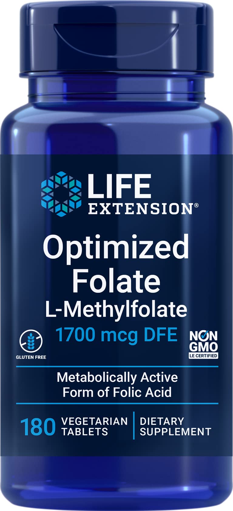 Life Extension Optimized Folate bottle front with vegetarian tablets.