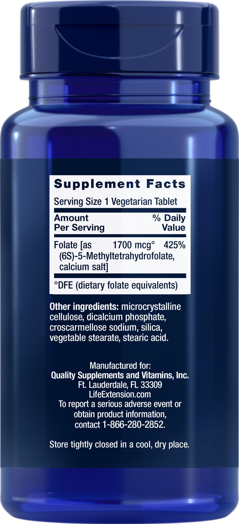 Life Extension Optimized Folate tablets close-up showing 5-MTHF form.