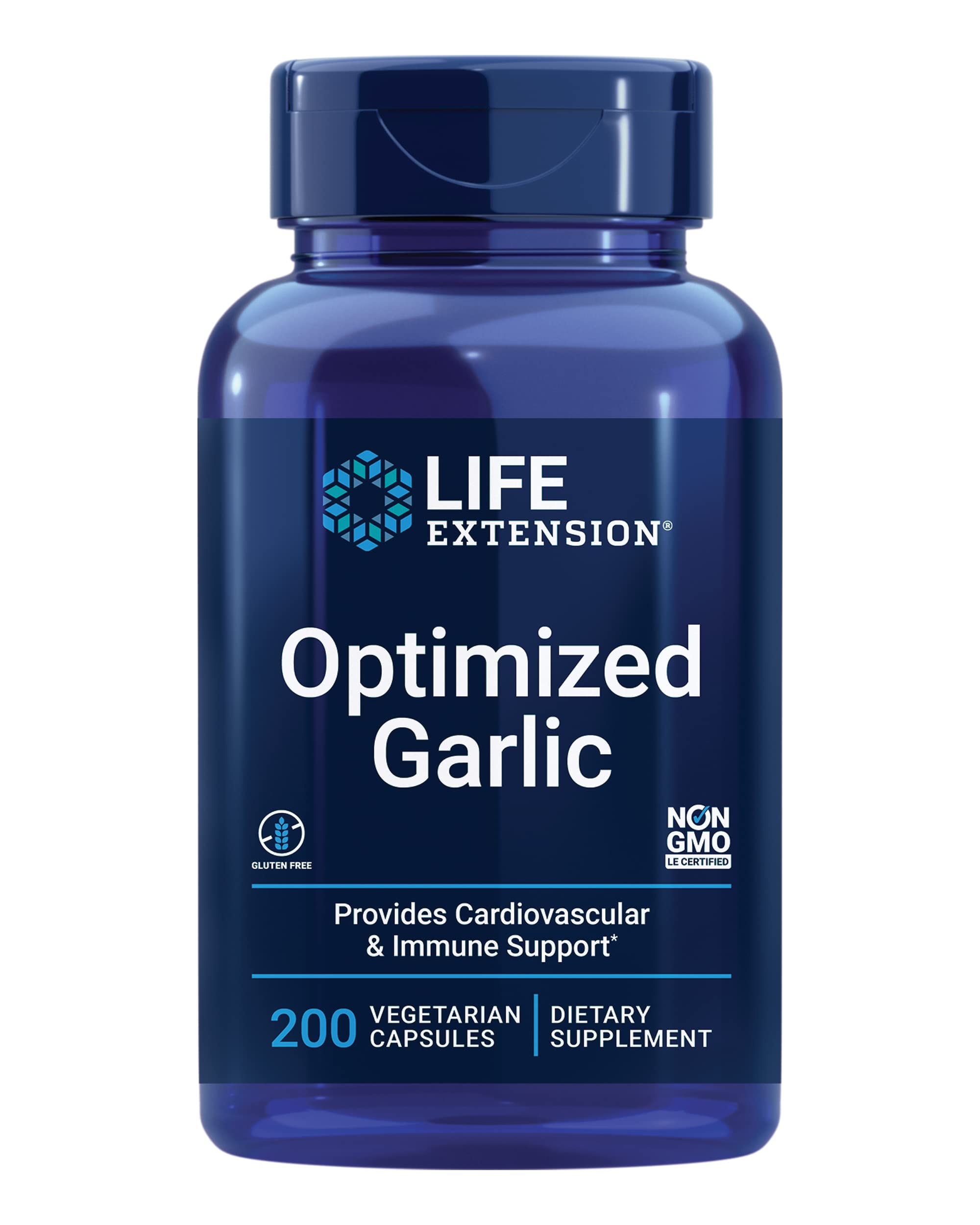 Life Extension Optimized Garlic capsules bottle shows vegetarian, gluten-free supplement for immune support.