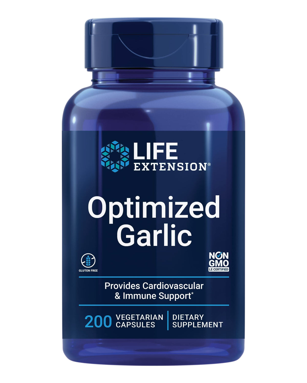 Life Extension Optimized Garlic capsules bottle shows vegetarian, gluten-free supplement for immune support.