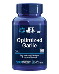 Life Extension Optimized Garlic capsules bottle shows vegetarian, gluten-free supplement for immune support.