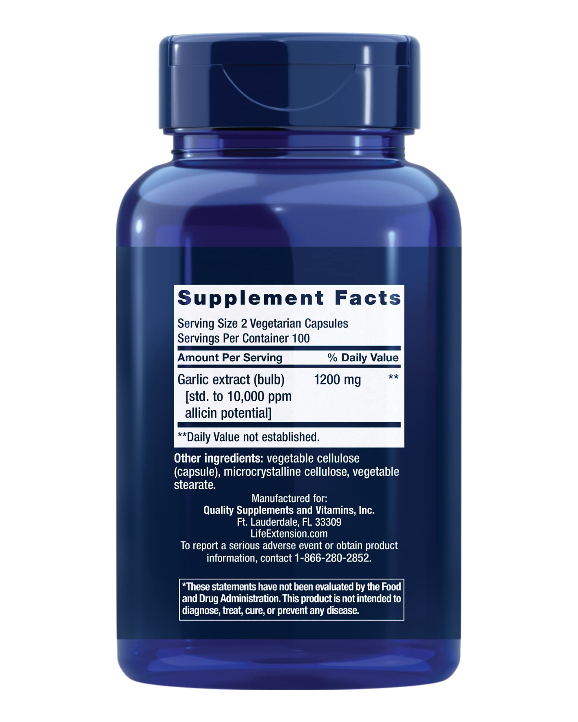 Life Extension Optimized Garlic close-up emphasizes 1,200 mg extract for immune and cardiovascular support.