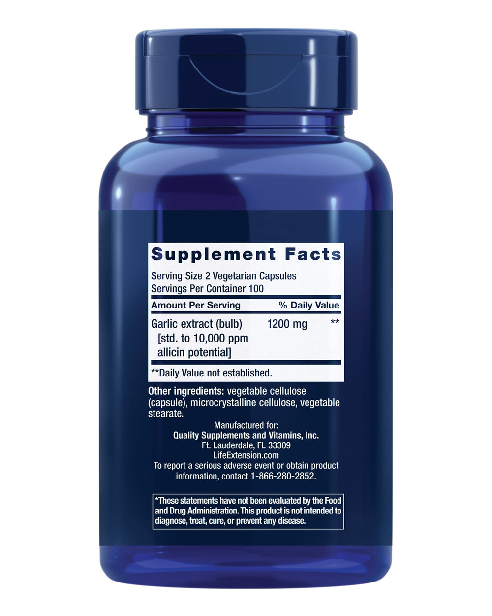Life Extension Optimized Garlic close-up emphasizes 1,200 mg extract for immune and cardiovascular support.