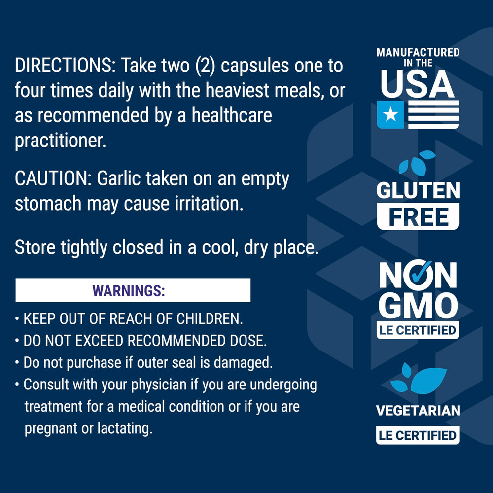 Life Extension Optimized Garlic capsule close-up conveys premium dosing and consistency.