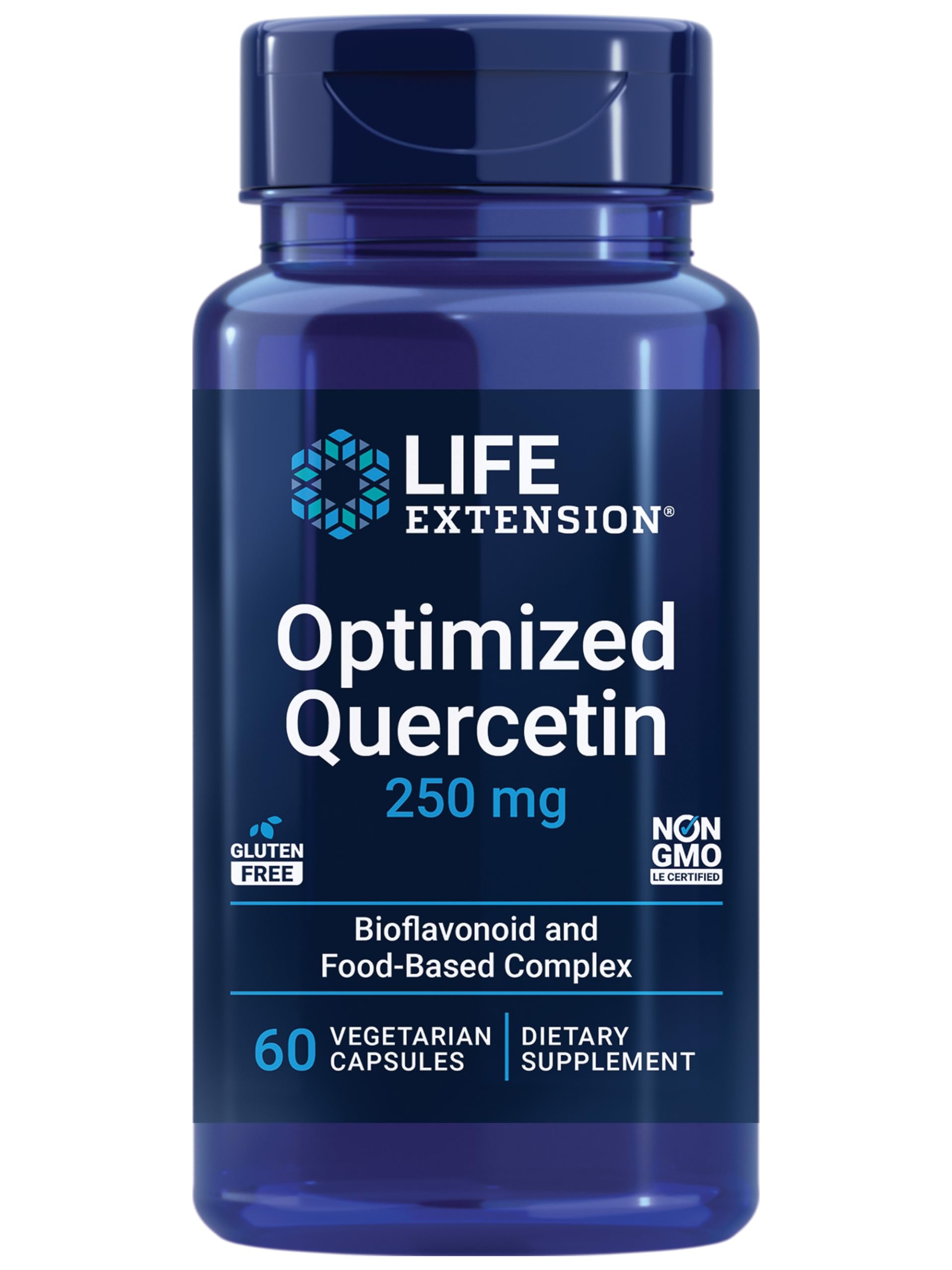 Life Extension Optimized Quercetin 250 mg bottle front supports immune and cardiovascular wellness.