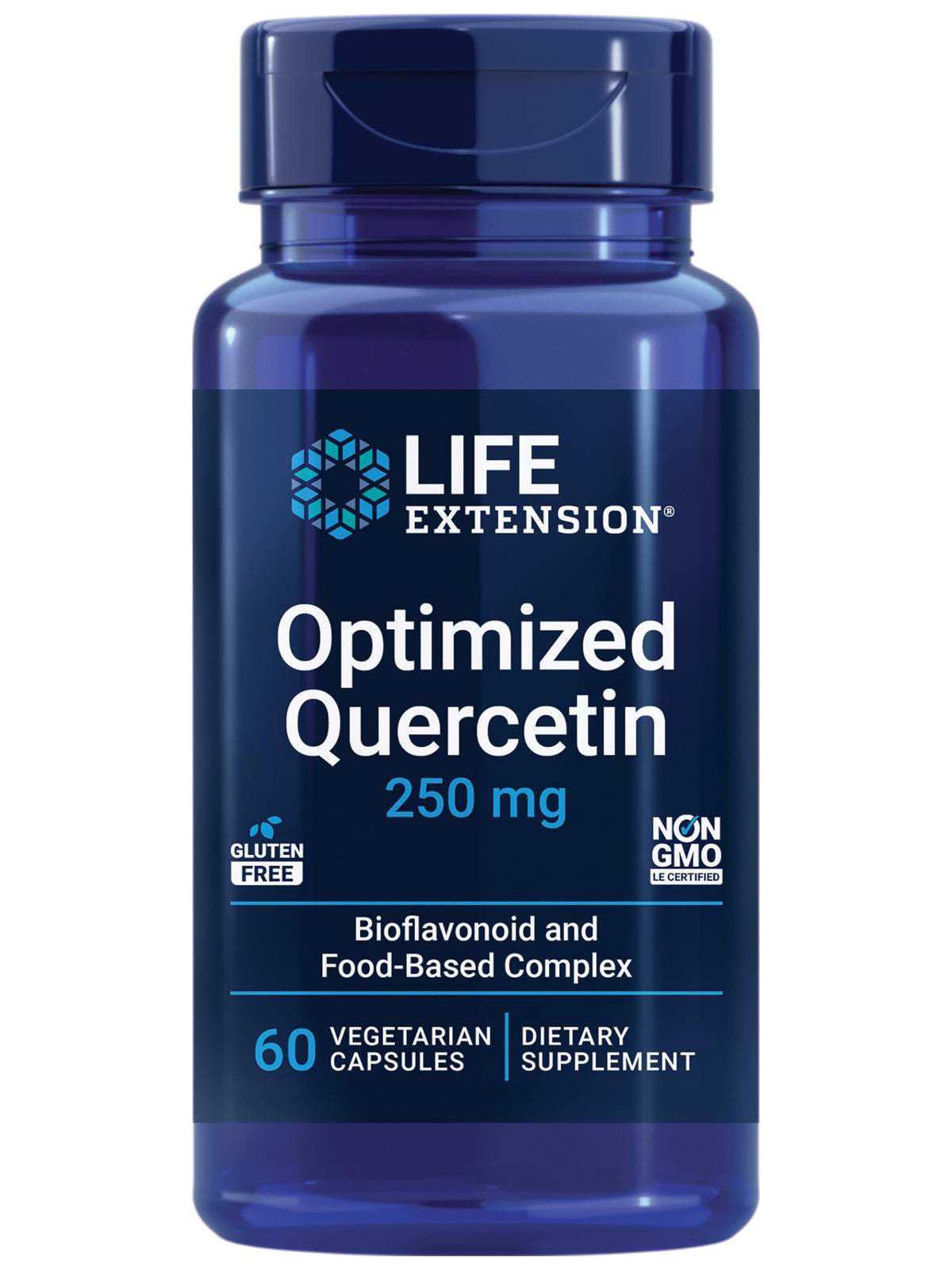 Life Extension Optimized Quercetin 250 mg bottle front supports immune and cardiovascular wellness.
