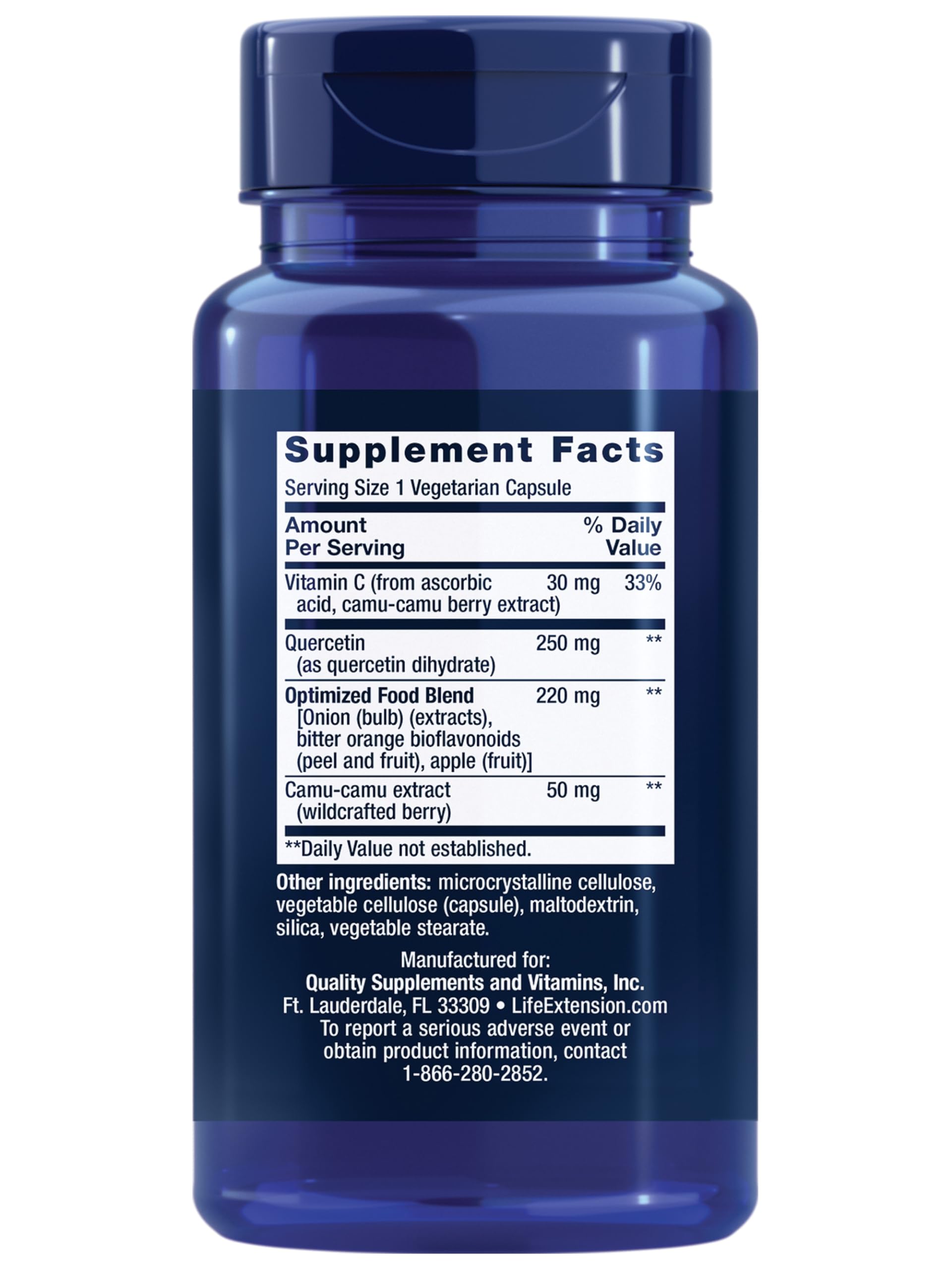 Life Extension Optimized Quercetin 250 mg bottle pour highlights easy daily capsules.