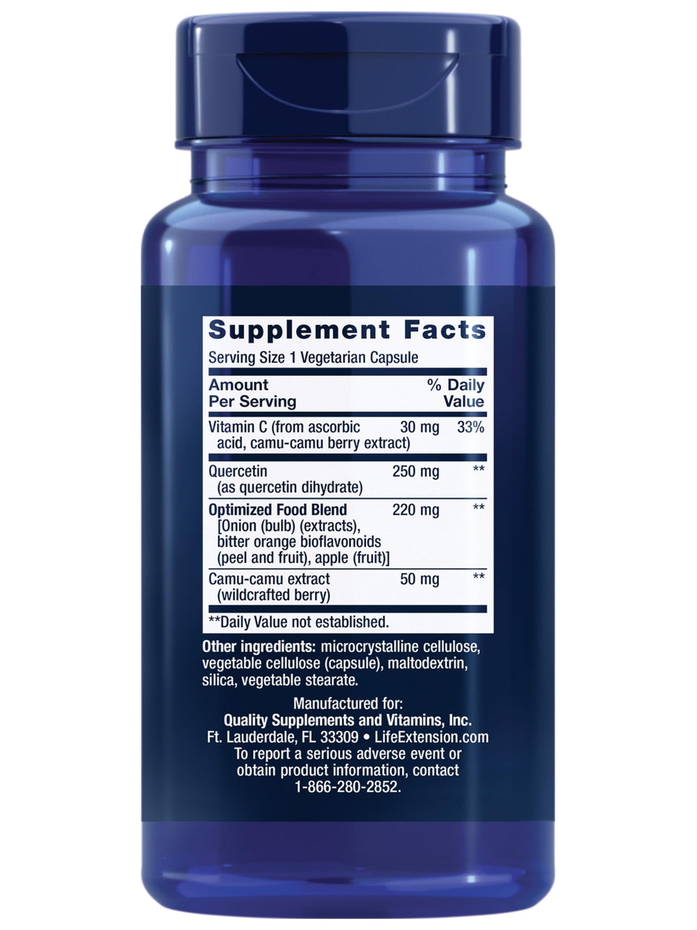 Life Extension Optimized Quercetin 250 mg bottle pour highlights easy daily capsules.
