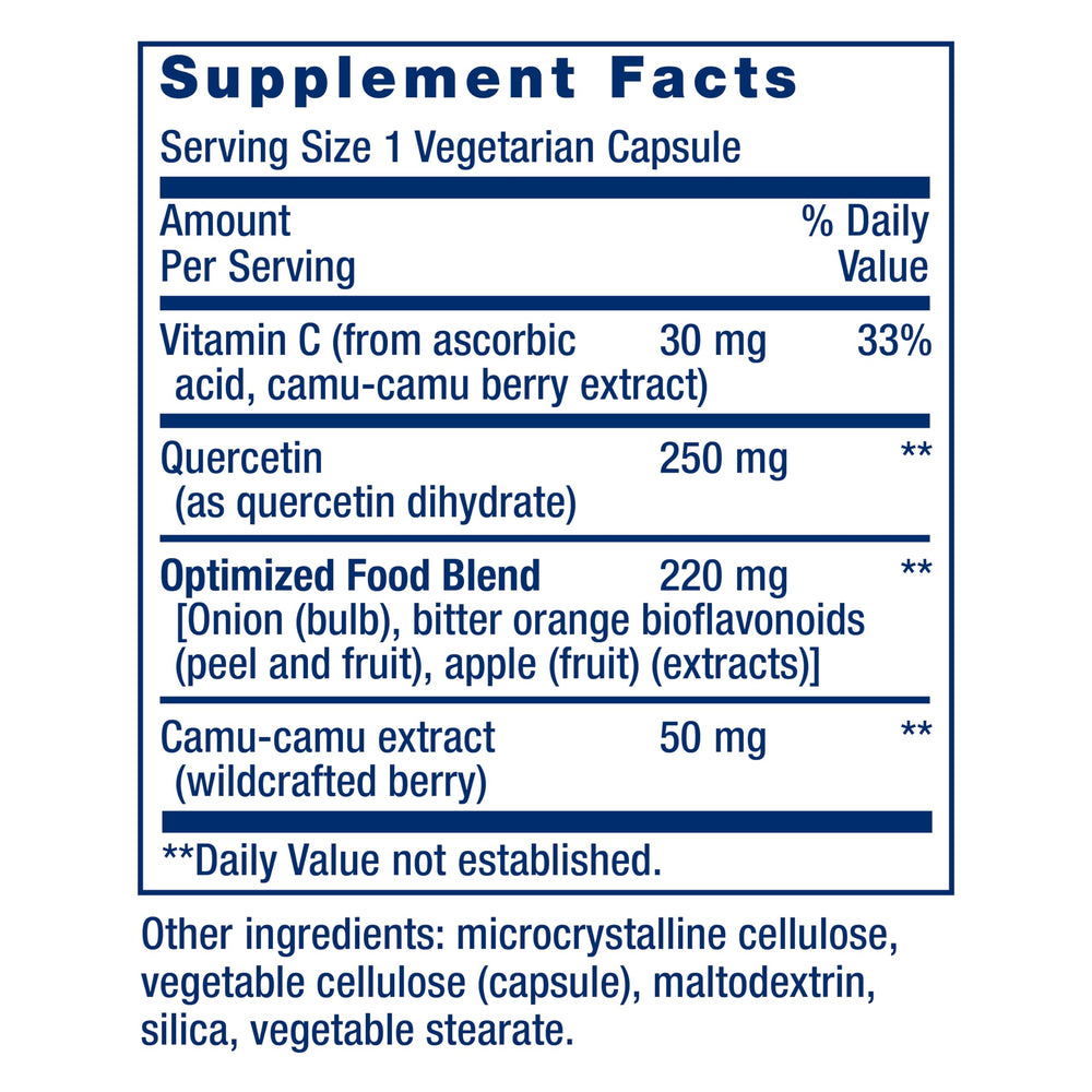 Life Extension Optimized Quercetin 250 mg label highlights non GMO and gluten free formulation.