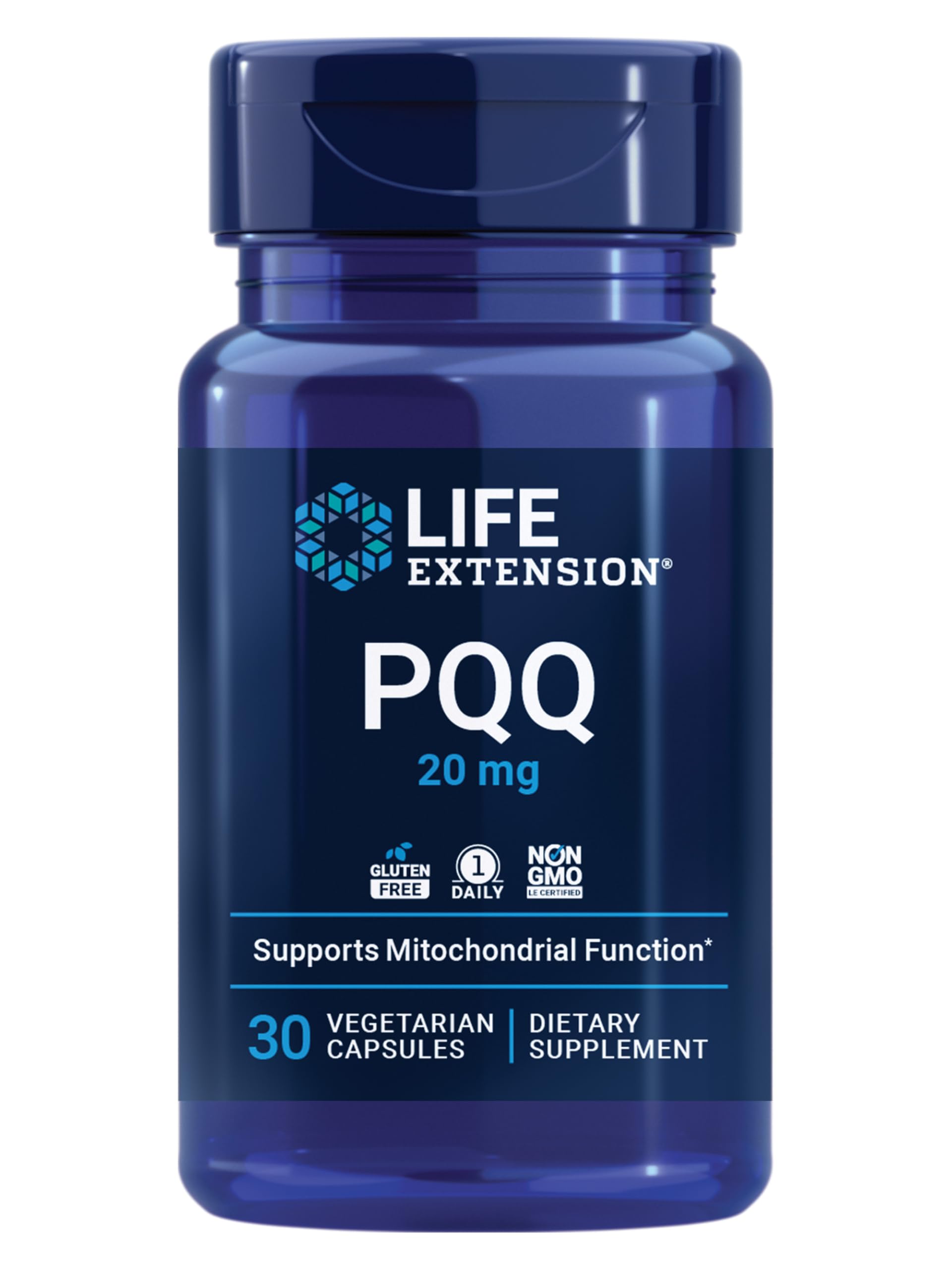 Life Extension PQQ bottle front view highlighting daily energy support