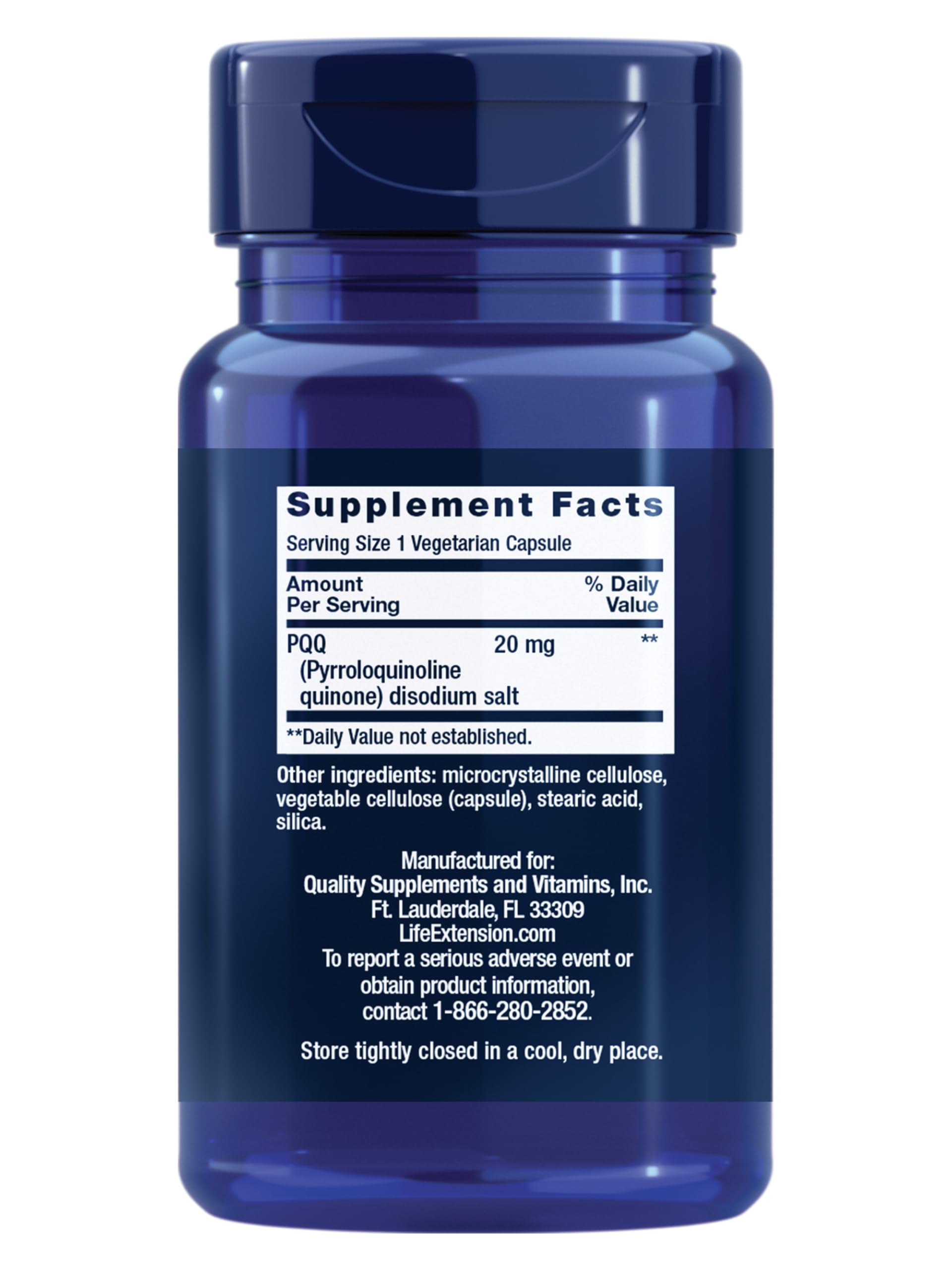 Life Extension PQQ capsules close-up showing vegetarian capsules