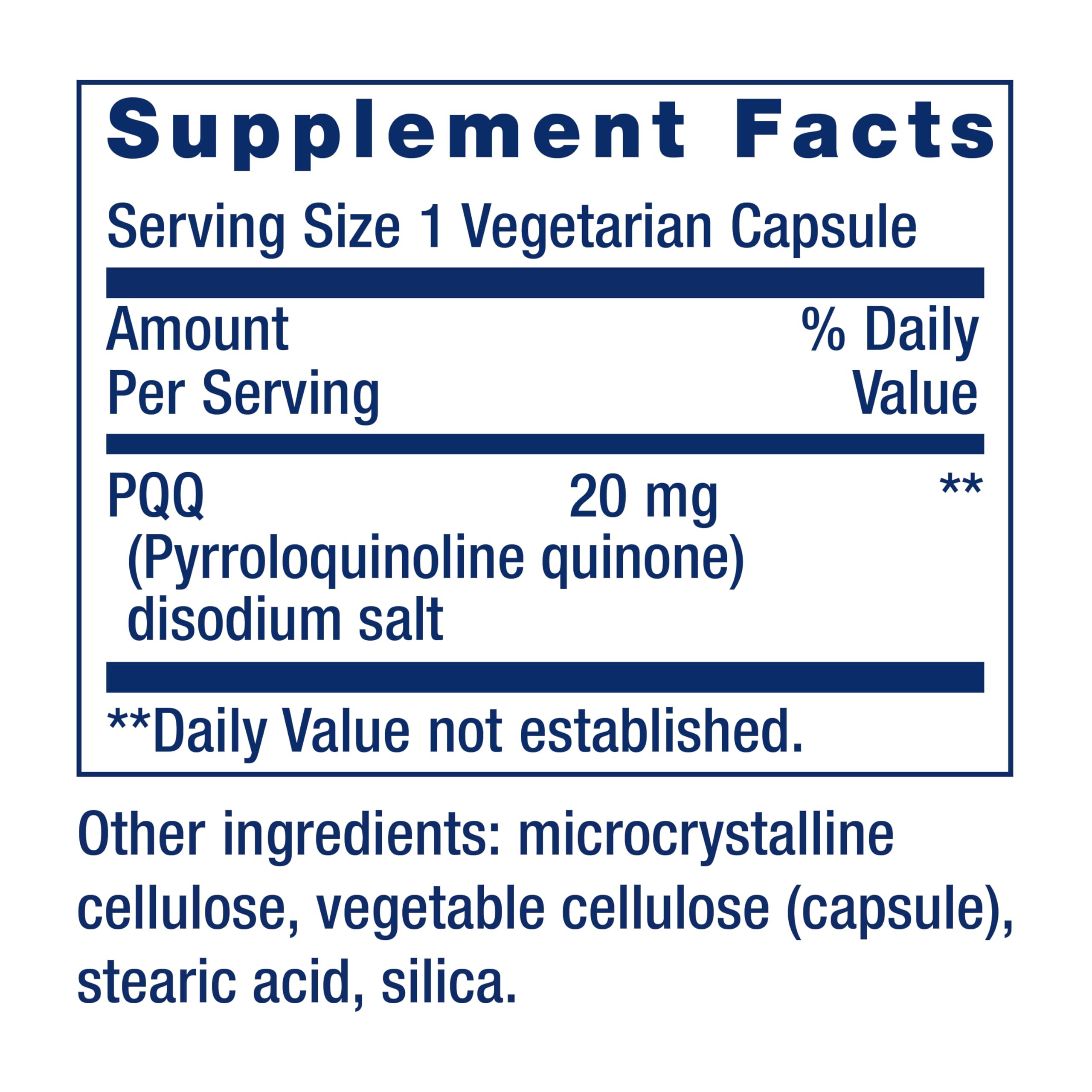Life Extension PQQ label detail emphasizing gluten-free and non-GMO