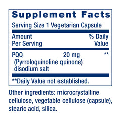 Life Extension PQQ label detail emphasizing gluten-free and non-GMO