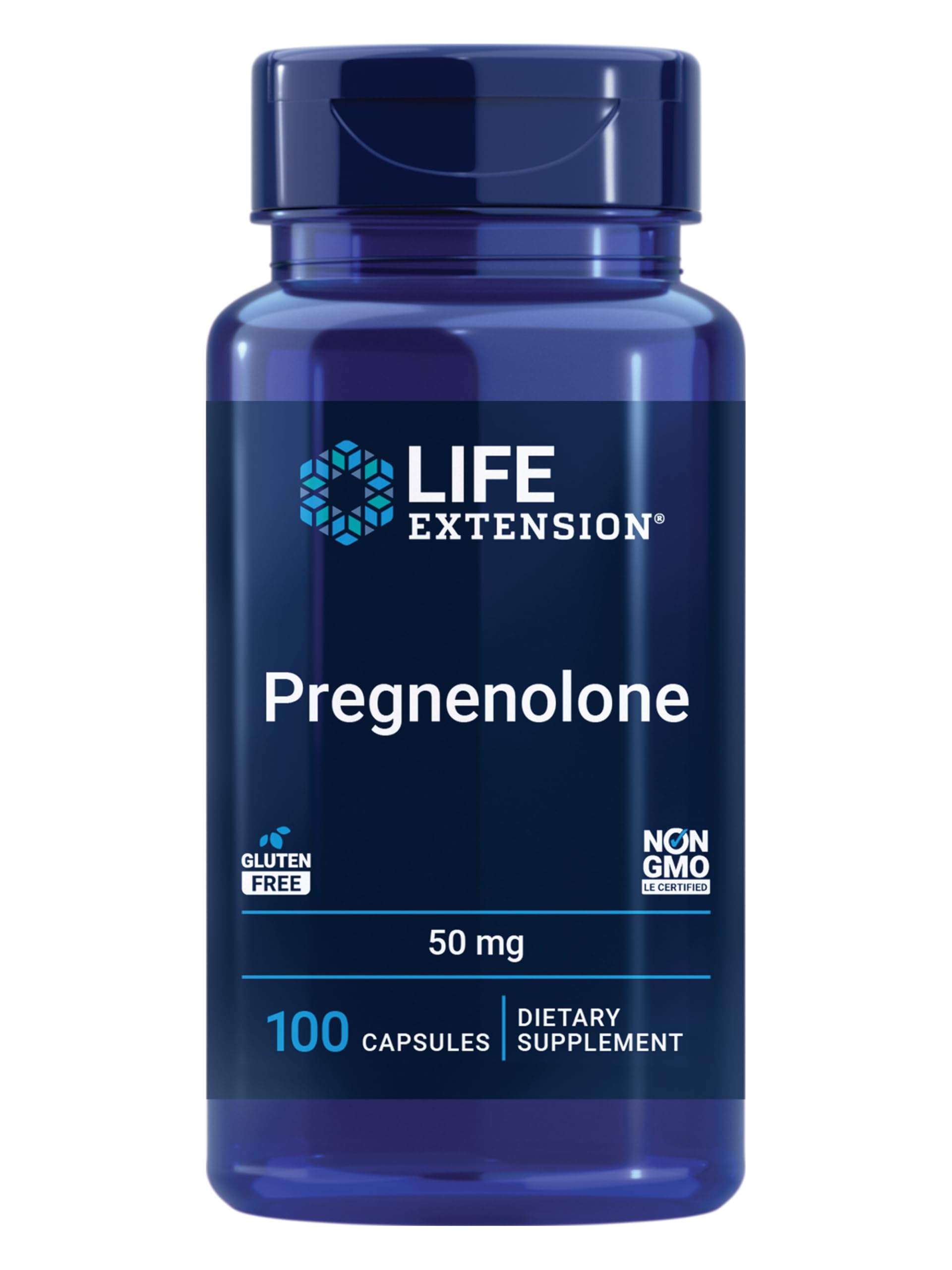 Life Extension Pregnenolone bottle cap—sealed capsule dosage for daily support