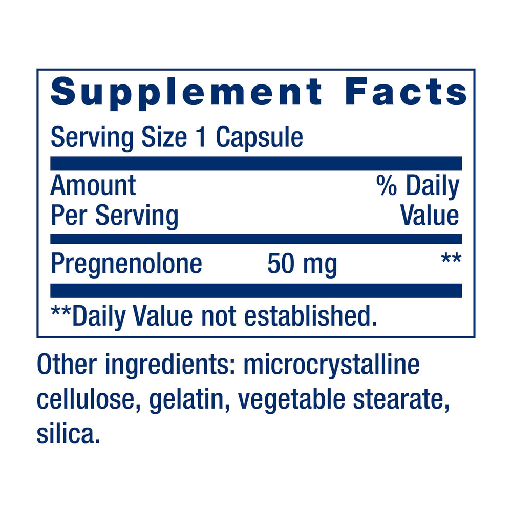 Life Extension Pregnenolone label view—clear nutrition facts and ingredients
