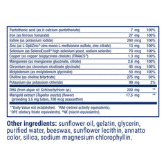 Life Extension Prenatal Advantage ingredients chart showing folate, choline and iron