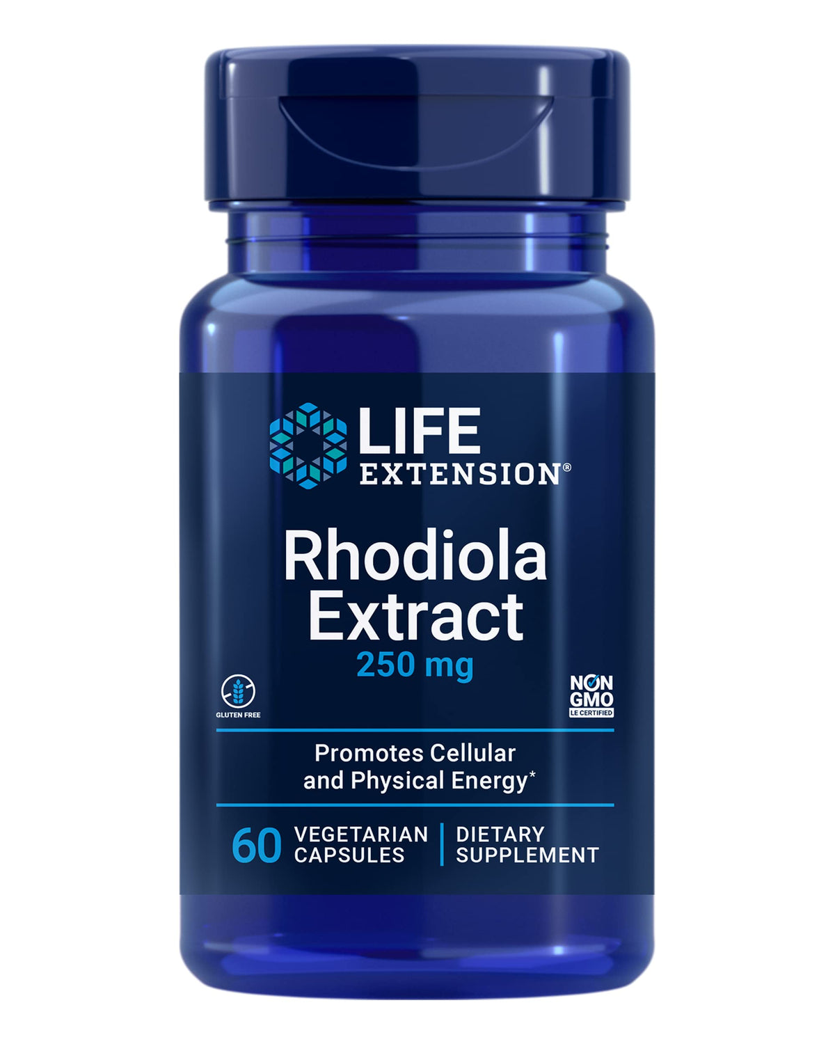 Life Extension Rhodiola bottle with capsules suggesting energy support on the go.