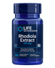 Life Extension Rhodiola bottle with capsules suggesting energy support on the go.