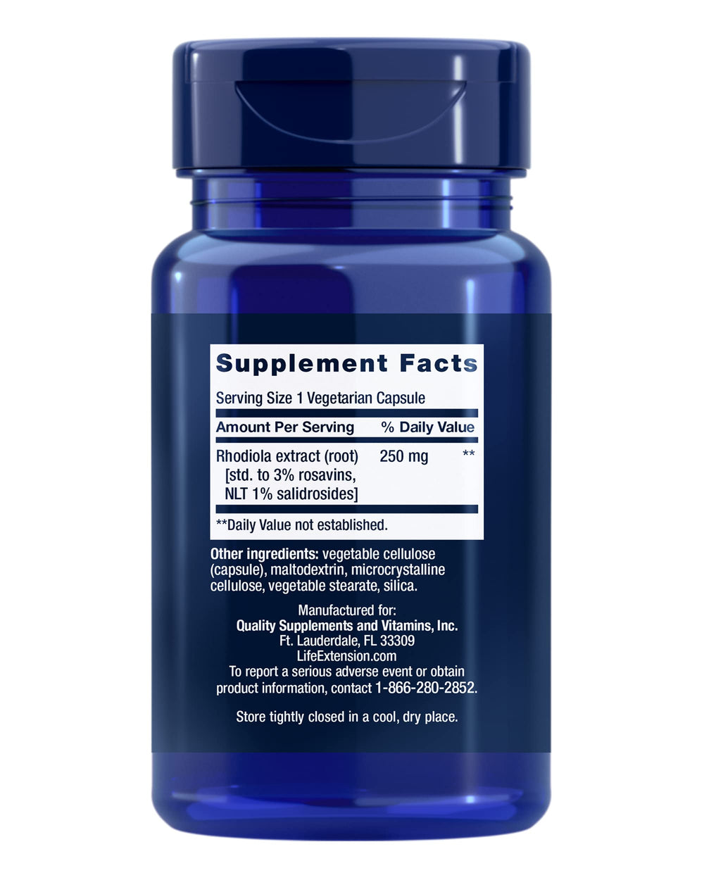 Closeup of Life Extension Rhodiola capsules highlighting daily focus.
