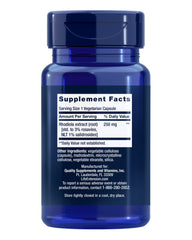 Closeup of Life Extension Rhodiola capsules highlighting daily focus.