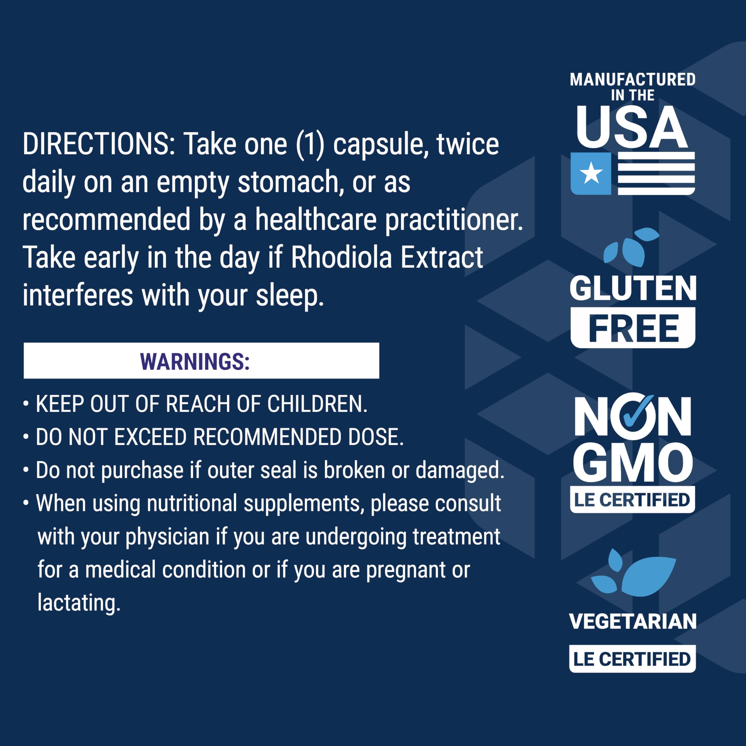 Life Extension Rhodiola gluten-free badge for dietary compatibility.