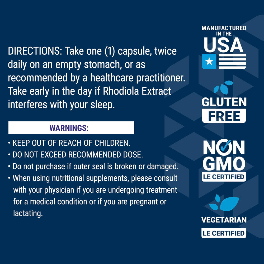 Life Extension Rhodiola gluten-free badge for dietary compatibility.
