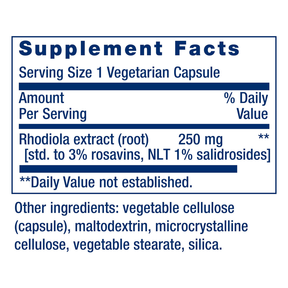 Life Extension Rhodiola label shows standardized extract for consistent dosing.