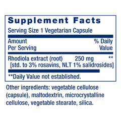 Life Extension Rhodiola label shows standardized extract for consistent dosing.