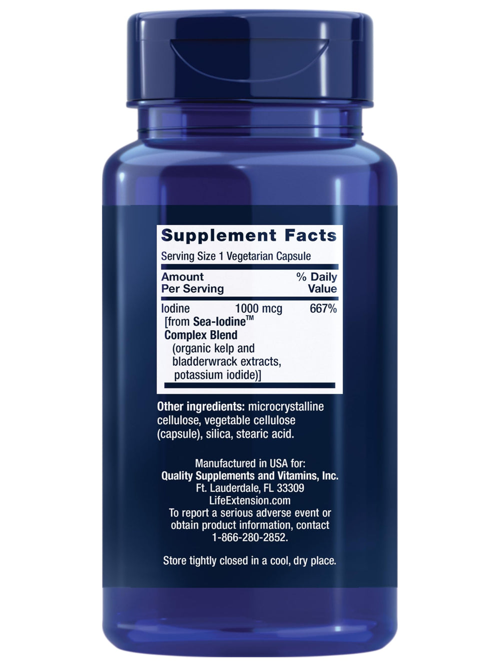 Close-up of Life Extension Sea-Iodine capsules highlighting vegetarian capsule form