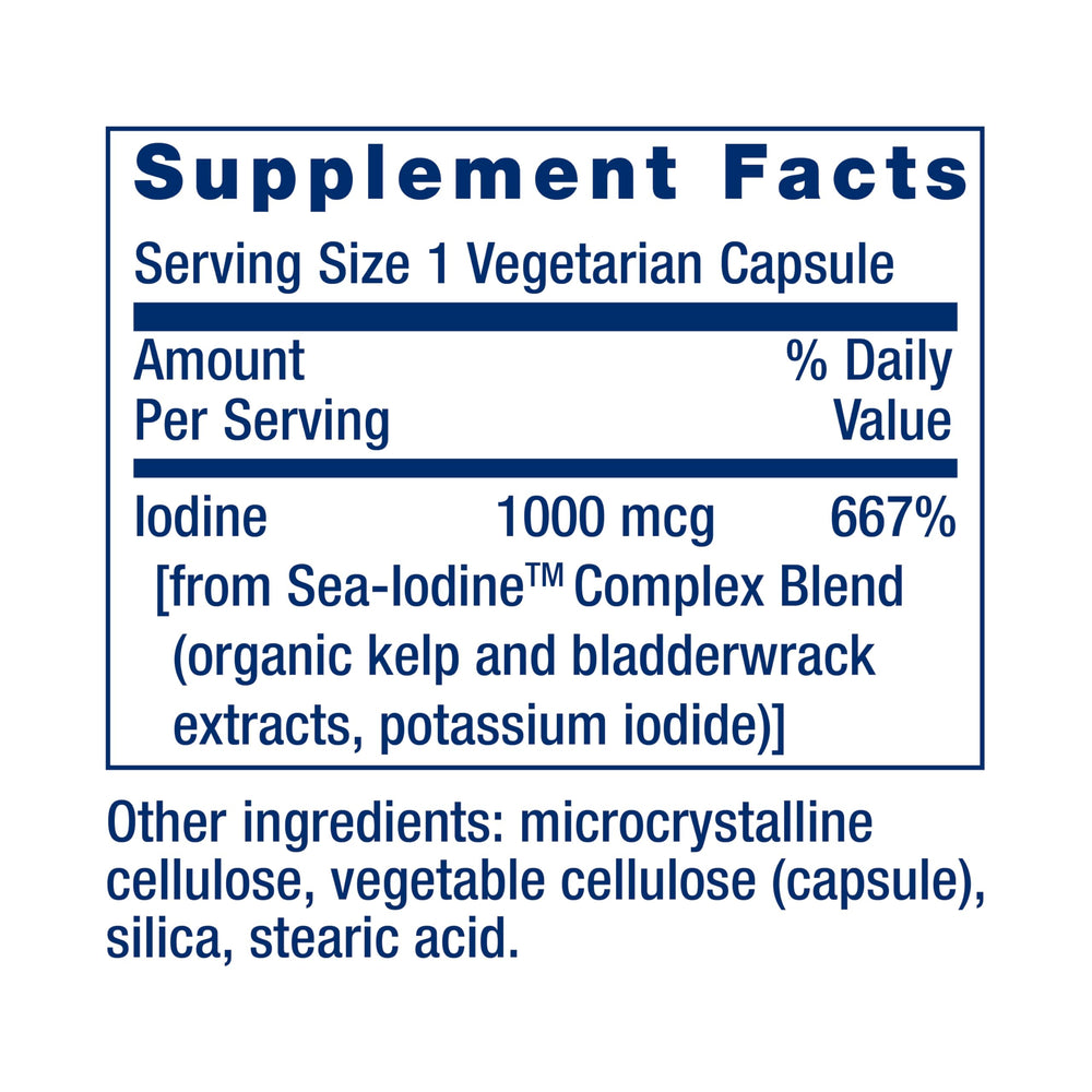 Label close-up for Life Extension Sea-Iodine emphasizing non-GMO and gluten-free