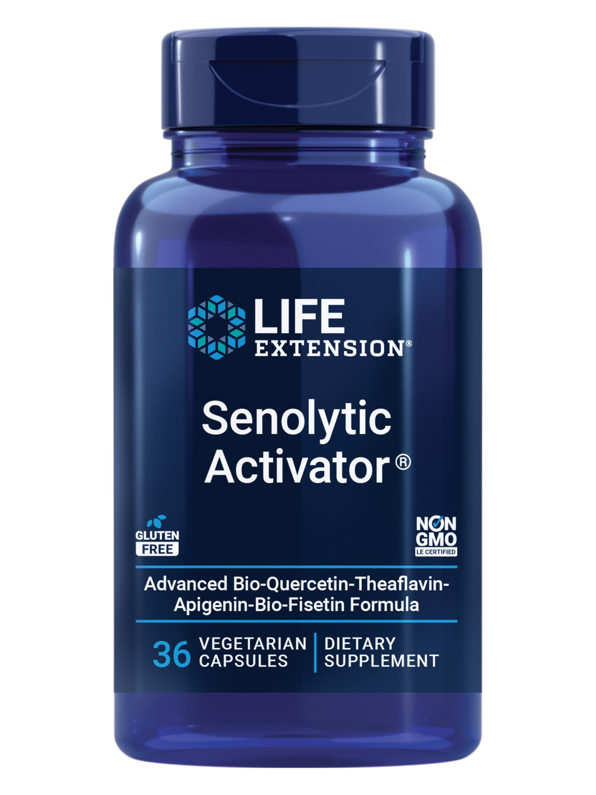 Life Extension Senolytic Activator bottle front showing gluten-free packaging