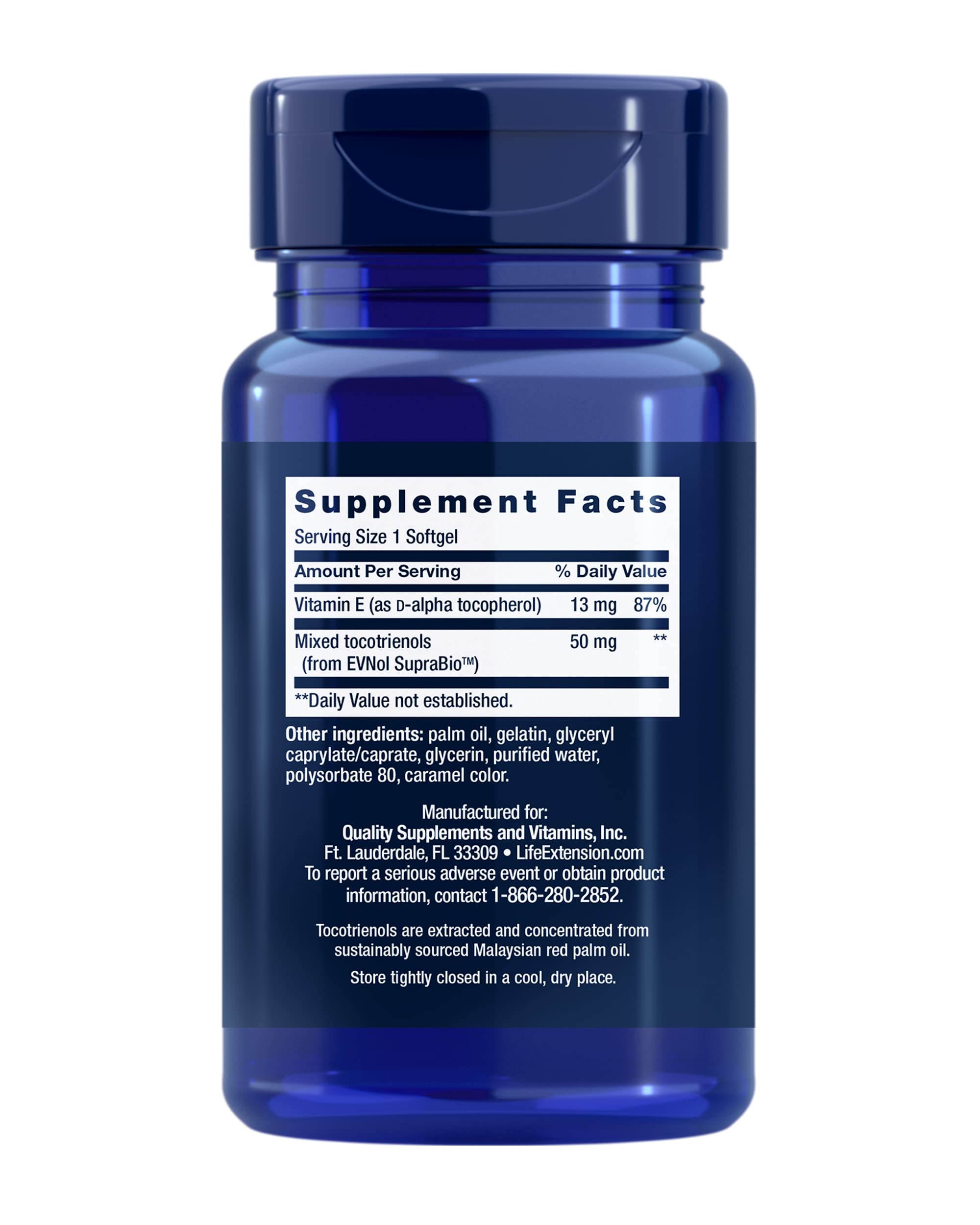Life Extension tocotrienols bottle back label details ingredients and gluten-free, non-GMO quality for trusted daily use
