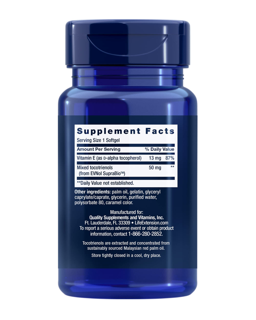Life Extension tocotrienols bottle back label details ingredients and gluten-free, non-GMO quality for trusted daily use