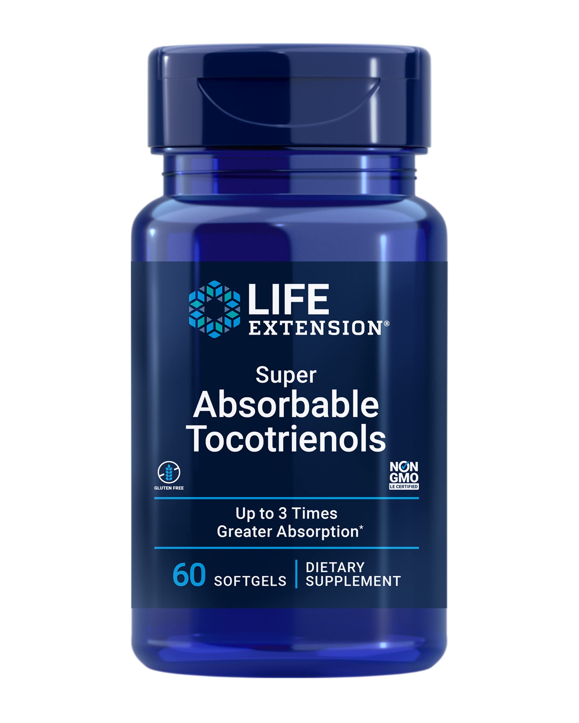 Life Extension Super Absorbable Tocotrienols bottle front highlighting advanced tocotrienol blend for daily wellness