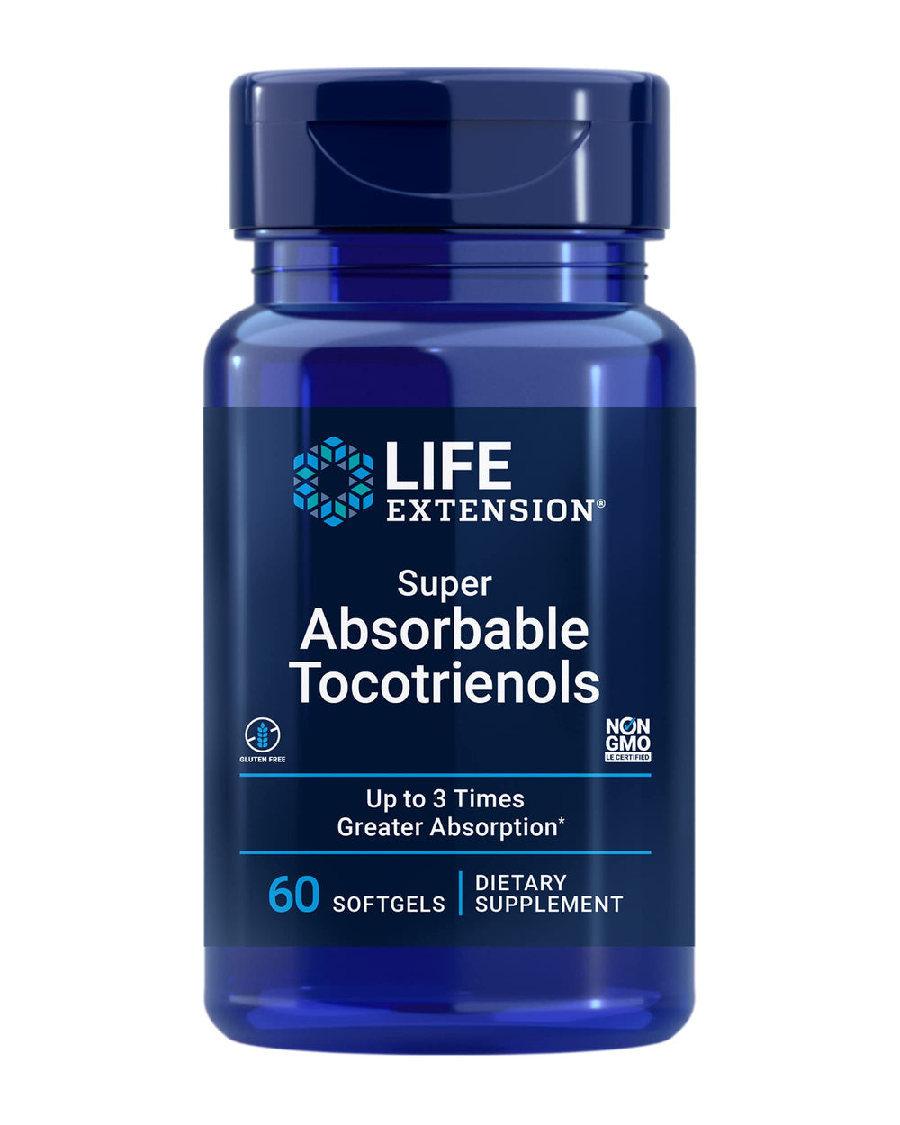 Life Extension Super Absorbable Tocotrienols bottle front highlighting advanced tocotrienol blend for daily wellness