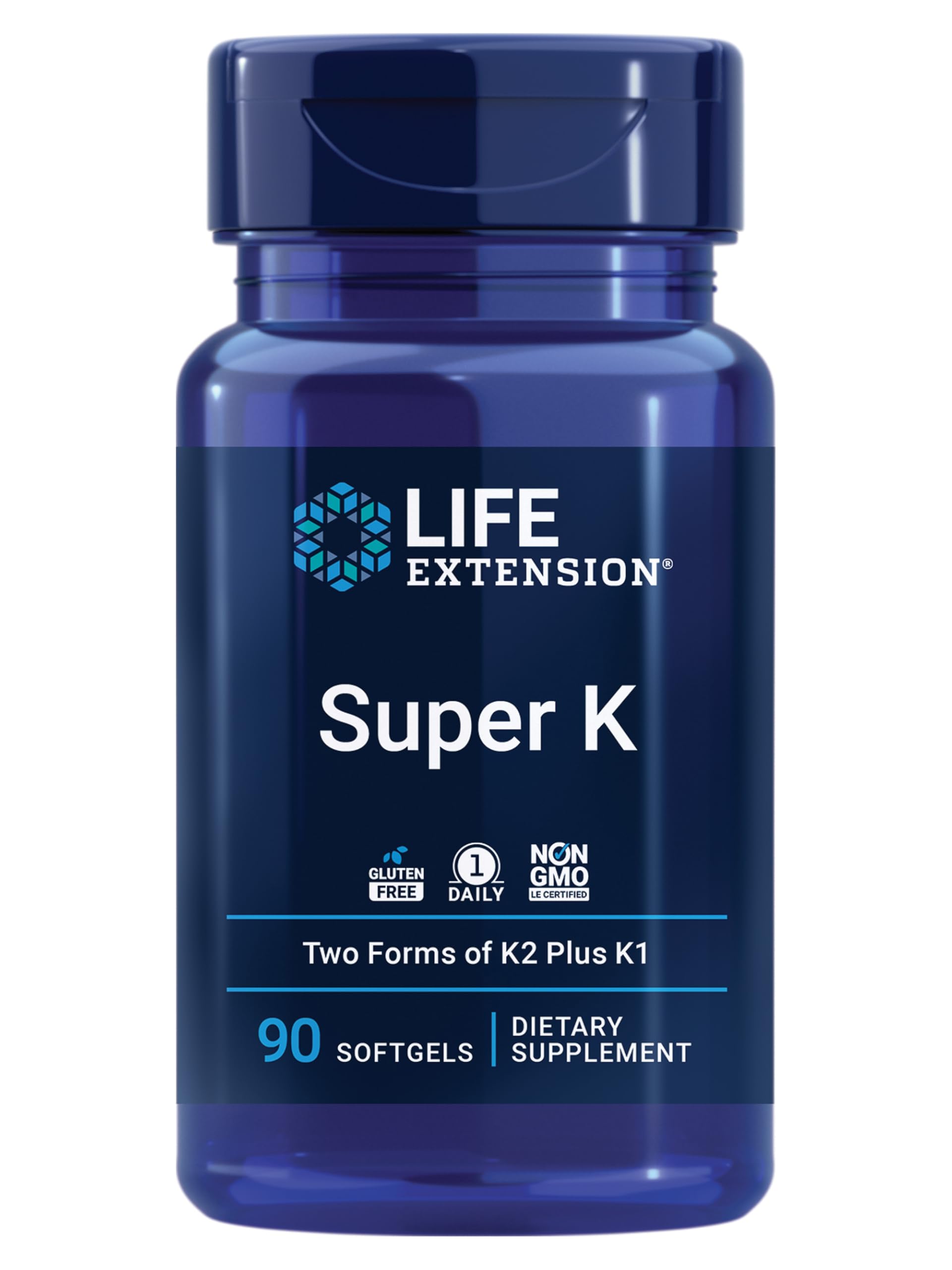 Life Extension Super K bottle front, clear label; may support heart and bone health.