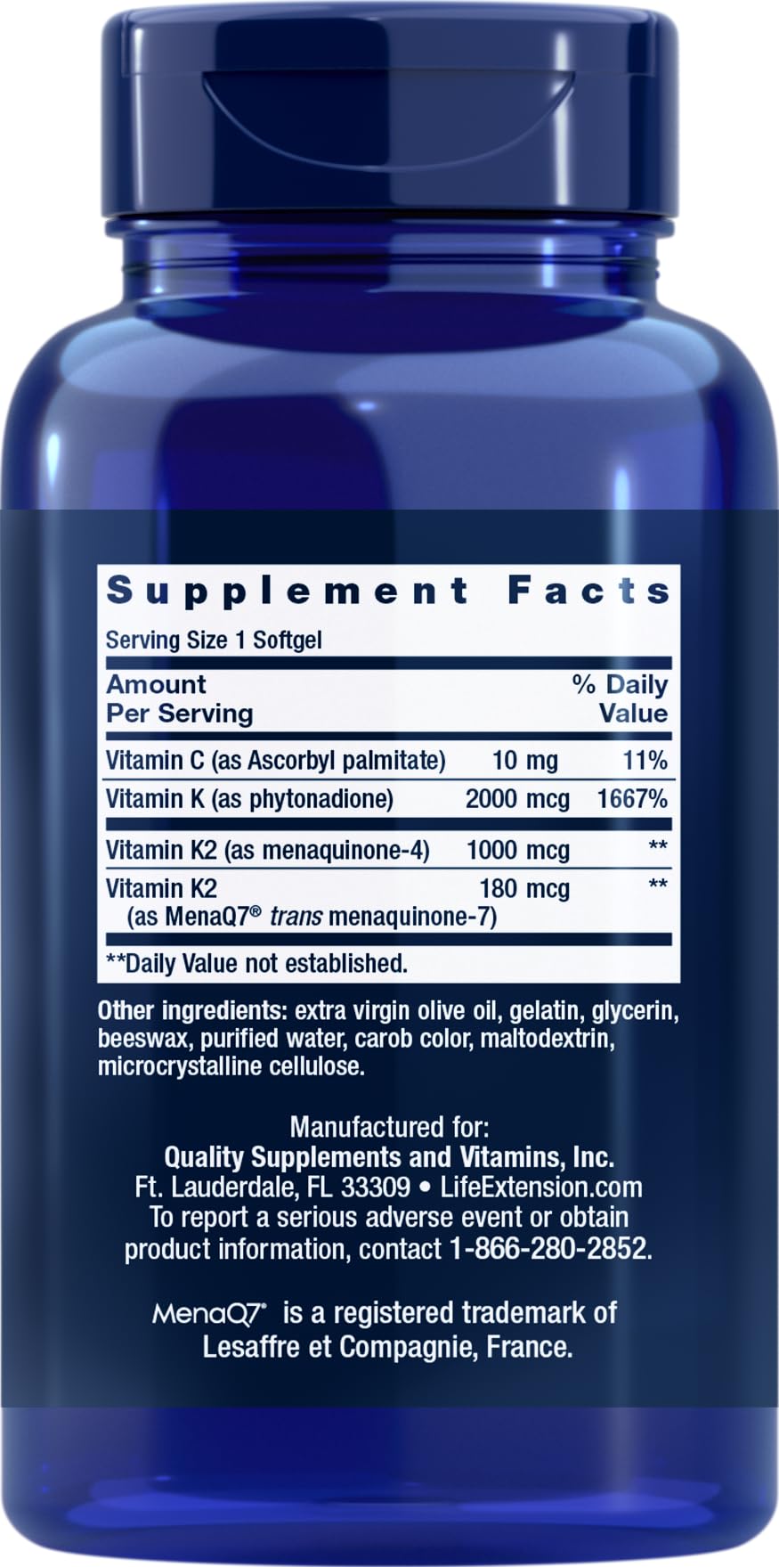 Life Extension Super K bottle label close-up showing Vitamin K1 and K2 forms